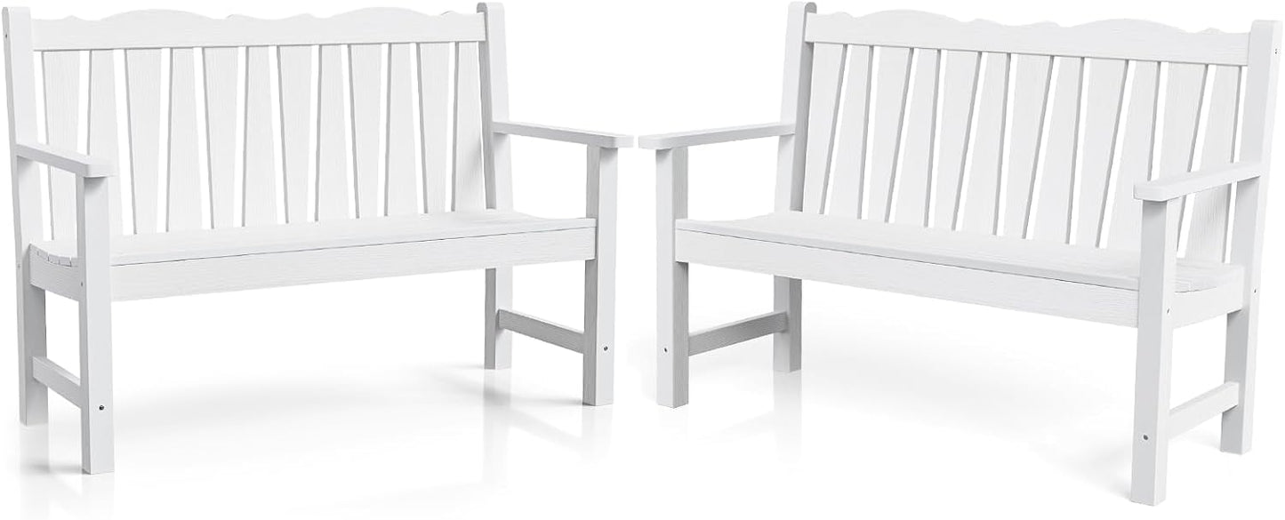 Outdoor Bench Set of 2, Weatherproof Garden Benches for Outdoors, All Weather HIPS Patio Bench Holds up to 800lbs, Never Rot or Fade, Comfort Bench for Porch Garden Patio Yard and Park(White)