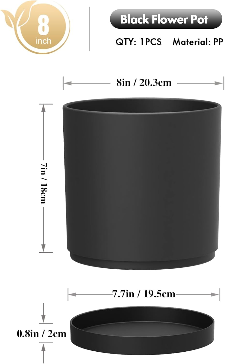 8 Inch Medium Plant Pots for Indoor Outdoor Plants, Cylinder Deep Flower Pots with Drainage Holes & Saucer, Decorative Plastic Planter Pots for Garden House Plants, Black