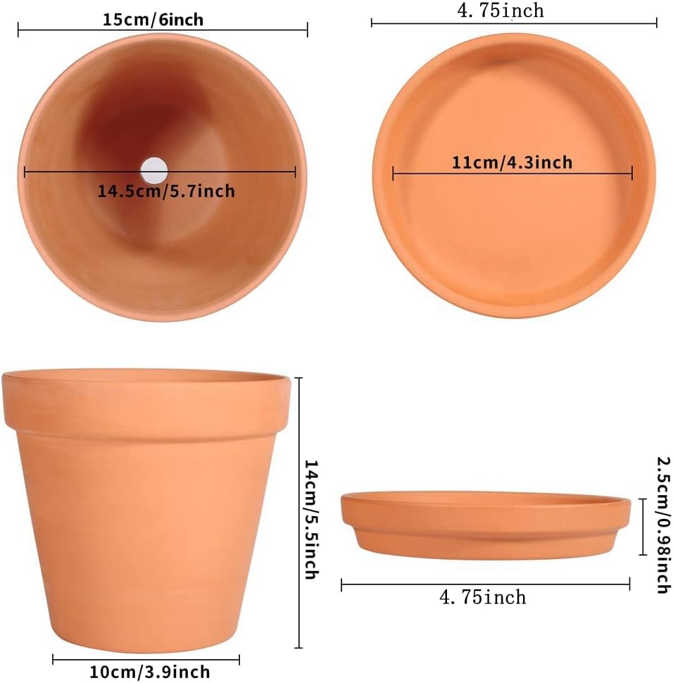 6 Inch Clay Pot for Plant with Saucer, Flower Pot with Tray, 8 Pack Small Terra Cotta Plant Pot with Drainage Hole, Great for Plants, DIY Crafts, Wedding Favor (6inch 8pack)