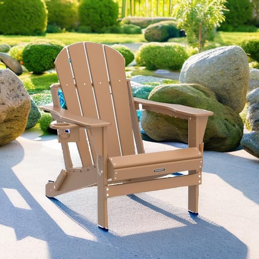 MUCHENGHY Folding Adirondack Chairs, Patio Chairs, Lawn Chairs, Outdoor Chair, Adirondack Chair Plastic, Fire Pit Chairs, Weather Resistant with Cup Holder for Deck, Backyard, Garden(Teak)