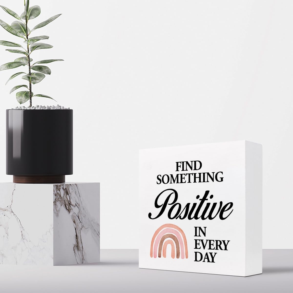 Z-crange Find Something Positive in Every Day Boho Rainbow Wood Block Sign, Rustic Inspirational Wooden Box Plaque for Home College Office Shelf Table Decor