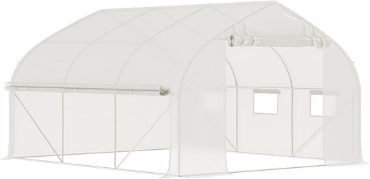 Outsunny 11.5' x 10' x 6.5' Walk-in Tunnel Greenhouse, Green House with Zippered Mesh Door, 7 Mesh Windows & Roll-up Sidewalls, Upgraded Gardening Plant Hot House with Galvanized Steel Hoops, White