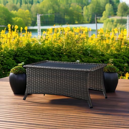 Patio Tables Wicker Coffee Table - Outdoor Rattan Coffee Tables with Glass Top for Patio Proch Deck Balcony Rectangle Brown