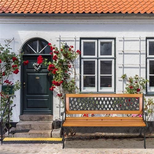 Outvita 49.5in Garden Bench, Deck Hardwood Seat and Metal Armrest Park Bench for Patio Front Porch Path Yard Lawn Poolside (Rhombic)