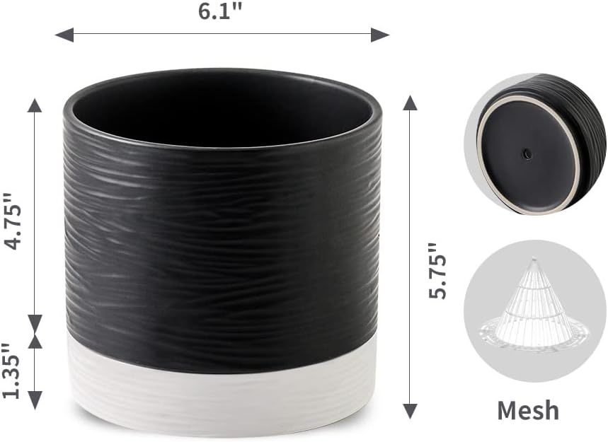 Nihow Ceramic Plant Pot: 6 Inch Planter with Drainage Hole & Saucer for Indoor & Outdoor Plants - Cylinder Round Flower Pot for Succulent/Herbs/Violets - Black & White