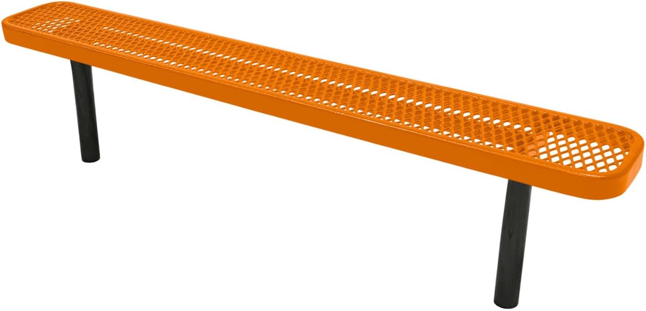 Heavy-Duty Outdoor Bench Thermoplastic Coated, Expanded Metal, Commercial-Grade Seating, Made in America (Inground Without Back, 6 Ft, Textured Orange)