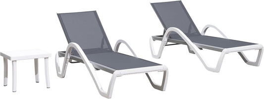 PURPLE LEAF Patio Chaise Lounge Chair Set of 3 Outside Aluminum Plastic Stackable Tanning Chairs with Armrests and Side Table for Pool Sunbathing Beach Deck Outdoor Lounger, Light Gray