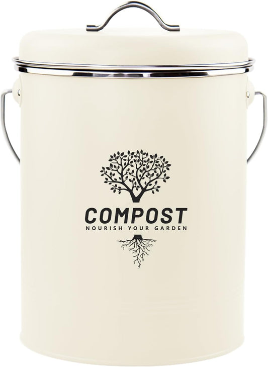 Kitchen Countertop Compost Bin, Odor Resistant Indoor Compost Bin with Lid and Charcoal Filter, Rust Resistant Coated Compost Bucket, Compost Container, Cream