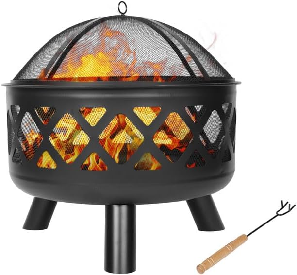 Red Mountain Valley 24'' Outdoor Wood Burning Fire Pit with Spark Screen, Fire Poker, Cover, 2-in-1 Functionality Cross-Woven Steel Fire Pits for Outside, Outdoor Fireplace for Camping,Patio,Backyard