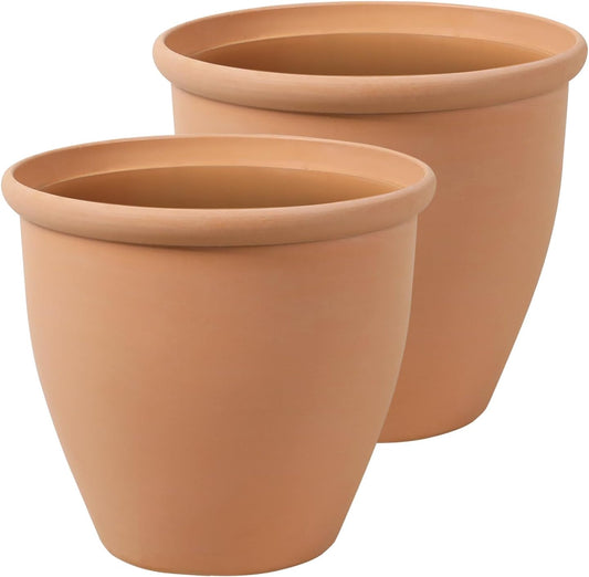 WORTH Garden 2-Pack 15" Dia. Round Planters - Large Terracotta Color Plastic Pots for Indoor & Outdoor Plants - Lightweight Decorative Flower Containers for Porch, Patio, Yard, or Deck