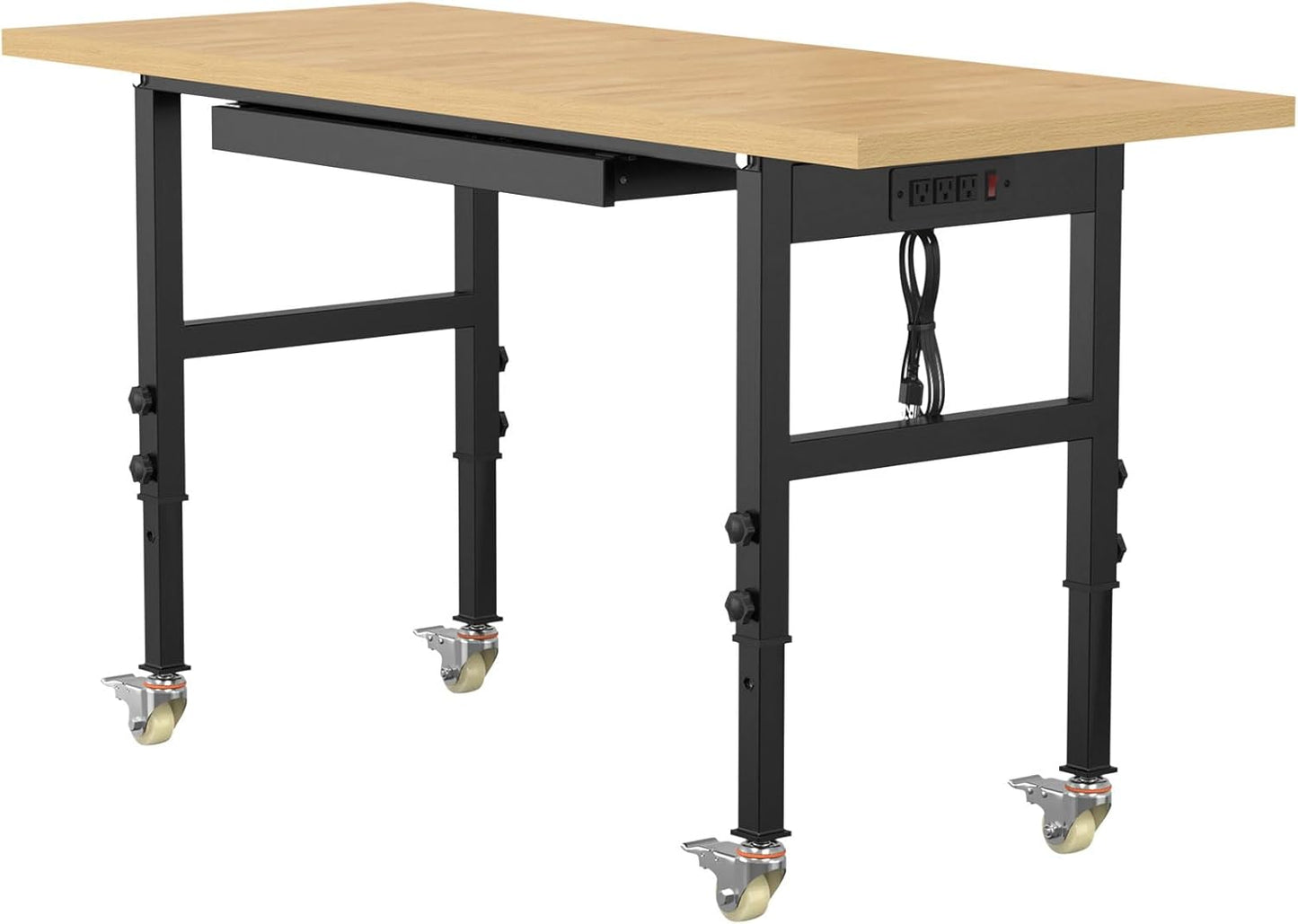 60" Adjustable Workbench,Heavy-Duty Work Table,3000 LBS Load Capacity Particleboard Hardwood Workstation Outlets with Power Strips, Drawers and Wheels,for Workshop, Garage