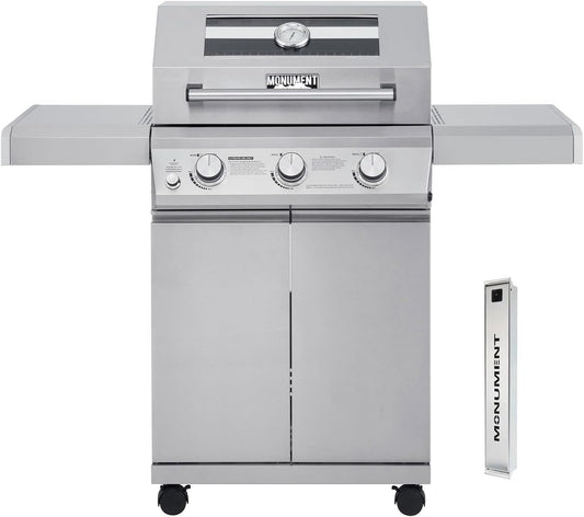 Monument Grills Larger 3-Burner Propane Gas Grills Barbeque Stainless Steel Heavy-Duty Cabinet Style with Smoker Box (2 Items)