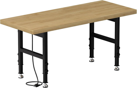 60" Work Bench, Adjustable Height Workbench with Rubber Pad, Heavy-Duty Work Table with Power Outlets, 2000 LBS Capacity Workstation for Garage, Workshop, Office, Home
