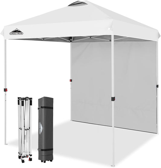 EAGLE PEAK Pop Up Canopy Tent with 1 Sidewall, Easy Setup Event Tent, Outdoor Sun Shade, Wheeled Carry Bag, Stakes and Guy Ropes, Instant Canopy 6.6x6.6, White