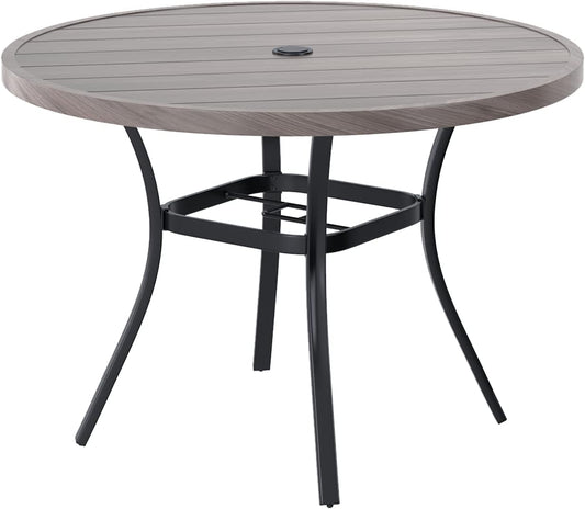 VICLLAX Round Patio Table with Adjustable Umbrella Hole, All Weather Outdoor Round Dining Table for Lawn Garden, 41.2"x 28" Grey Wood-Like Outdoor Coffee Table
