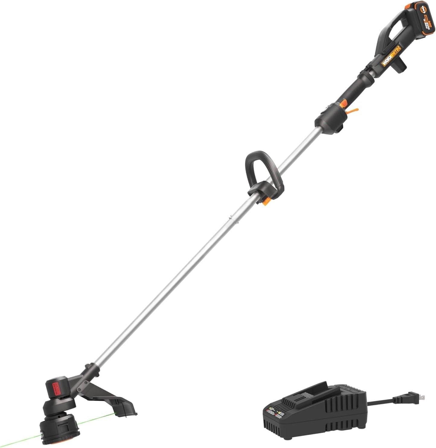 WORX Cordless String Trimmer, 20V 13''-15'' Weed Wracker with Brushless Motor 2.0, 21 cc Gas Equivalent, Quick-Line Reloading, Includes 20V 5.0 Ah PowerShare Pro Battery and Charger, PowerShare