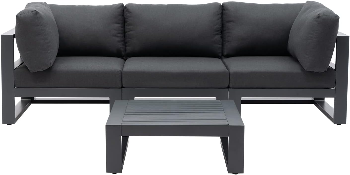 Modern 3 Seater Sofa Outdoor Sectional Sofa Set with Square Coffee Table Patio Conversation Sofa Sets for Garden Backyard, Dark Grey Cushions