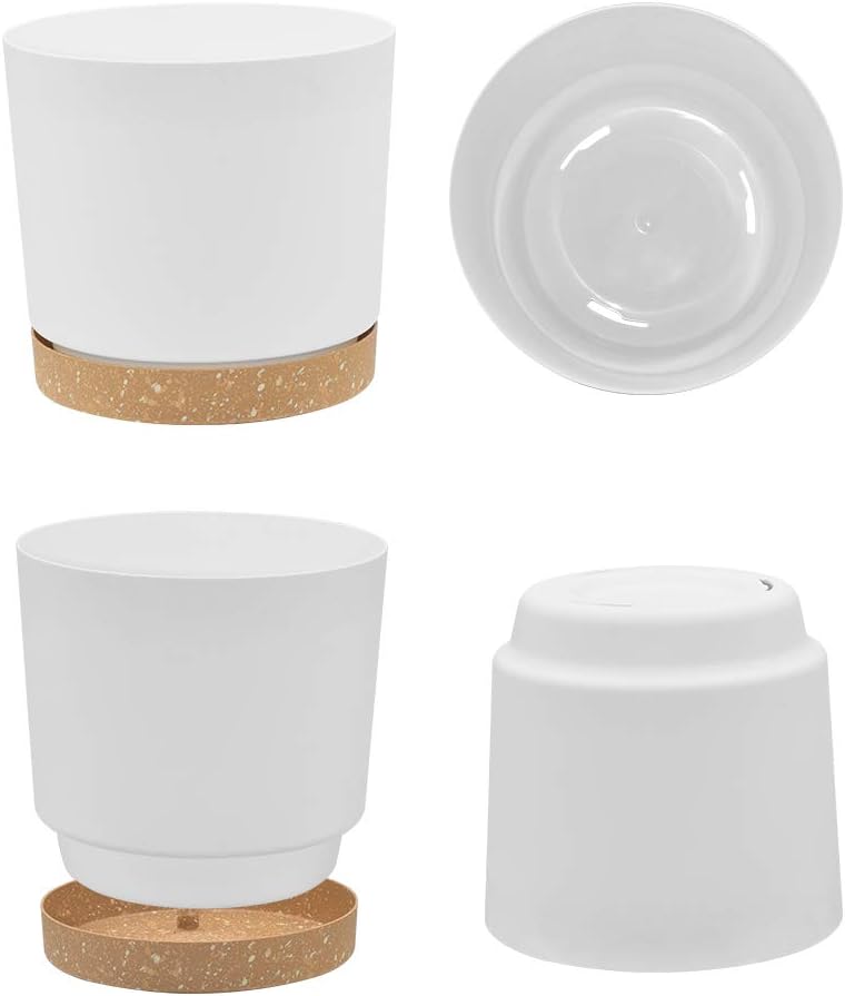 ZMTECH Plant Pots, Set of 3 8'' Self Watering Plastic Planter with Drainage Hole and Saucer, Modern Decorative Flower Pot for Indoor Outdoor House Plants, Succulents, Flowers - White