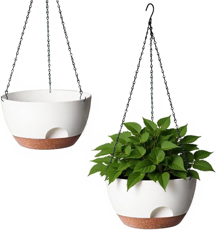 Hanging Planter for Indoor Plants, 10 Inch Self-Watering Hanging Planters with Drainage Holes and Chain, Set of 2 Outdoor Hanging Pots for Garden Home