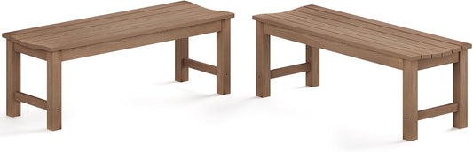 Outdoor Bench Set of 2, 2-Person Patio Backless Benches, HIPS Weatherproof Garden Bench That Never Rot and Fade, Suit for Backyard, Church, Patio, Deck and Entryway (Teak)