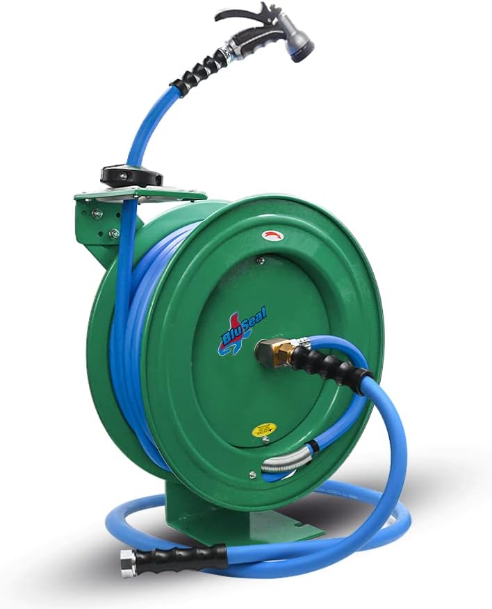 Auto Retractable Water Hose Reel with Hot & Cold Water Rubber Garden Hose, Spray Nozzle - Ultra Light, Super Strong with 6' Lead-in Hose (3/4” x 50’ Green)