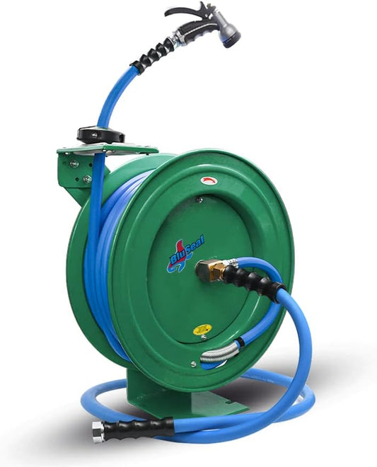 Auto Retractable Water Hose Reel with Hot & Cold Water Rubber Garden Hose, Spray Nozzle - Ultra Light, Super Strong with 6' Lead-in Hose (3/4” x 50’ Green)
