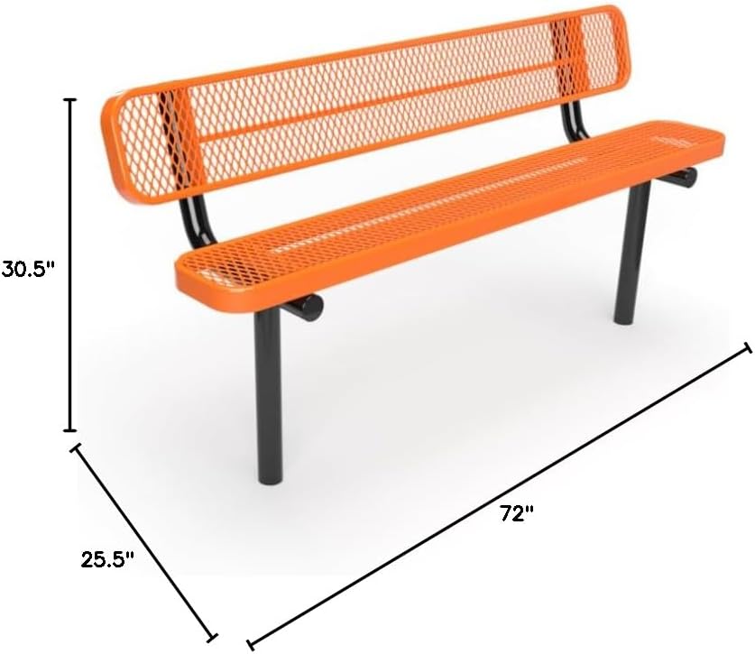 Coated Outdoor Furniture Heavy-Duty Outdoor Bench Thermoplastic Coated, Expanded Metal, Commercial-Grade Seating, Made in America (Inground with Back, 6 Ft, Orange)