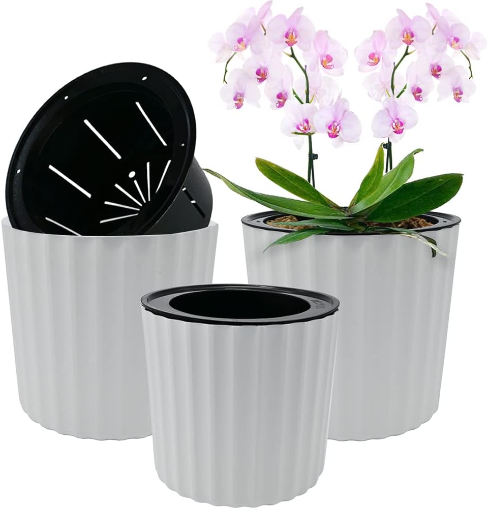 MUZHI Orchid Pot with Slotted Mesh and Holes, Plastic Round Self Watering Planter for Indoor Plants,Flowers,Herbs 3sets and 2sizes, White 7 inch