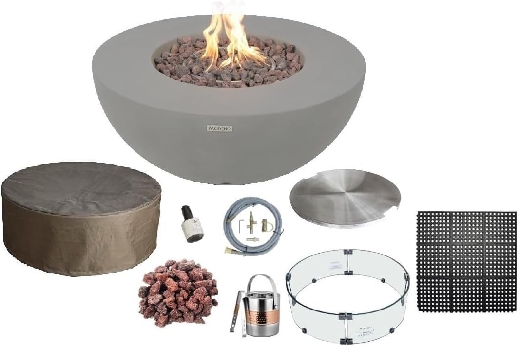 AMS Fireplace | Modeno Roca Package | Light Gray Natural Gas Fire Pit Table for Outdoor Patio Bundle with Wind Guard and SS Burner Lid | Free Rubber Mat & Ice Bucket