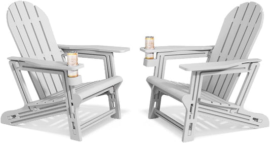 Adirondack Chairs Set of 2, Tool-Free Assembly All-Weather Plastic Adirondack Chairs, HDPE Fire Pit Chairs with Cup Holder, Outdoor Chair for Patio Garden (Grey)
