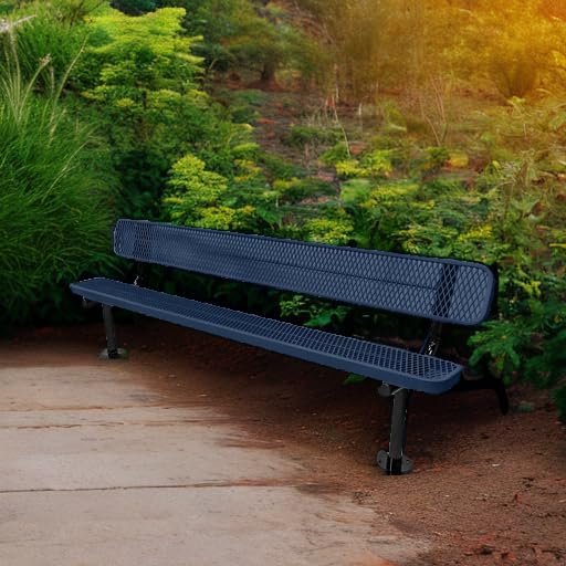 Coated Outdoor Furniture Heavy-Duty Outdoor Bench Thermoplastic Coated, Expanded Metal, Commercial-Grade Seating, Made in America (Surface with Back, 8 Ft, Textured Dark Blue)