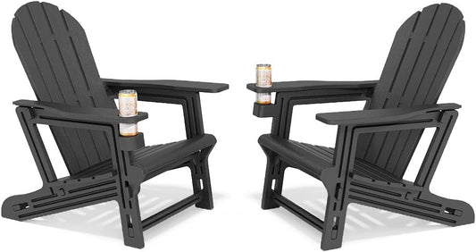 Adirondack Chairs Set of 2, Tool-Free Assembly All-Weather Plastic Adirondack Chairs, HDPE Fire Pit Chairs with Cup Holder, Outdoor Chair for Patio Garden (Black)
