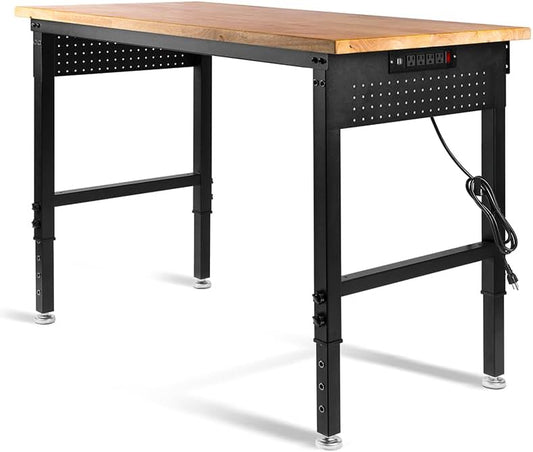 Adjustable Height Workbench, Heavy Duty Table Rubber Wood Workstation with Power Outlet & Pegboard for Garage, Office, Workshop, Home,Commercial (48"×24")