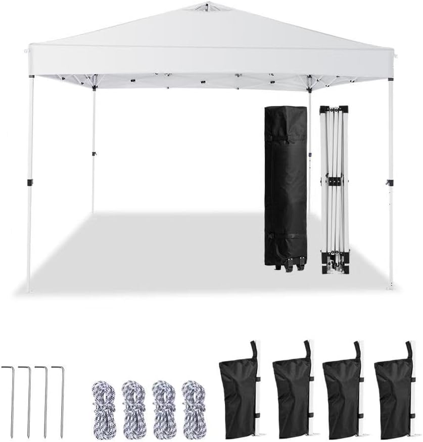 10x10 Pop Up Canopy Tent – One-Person Setup, Waterproof & UV-Blocking, Heavy-Duty Steel Frame, Wheeled Bag & Sandbags – Outdoor Shade for Beach, Camping, Backyard, Tailgate, Events (White)