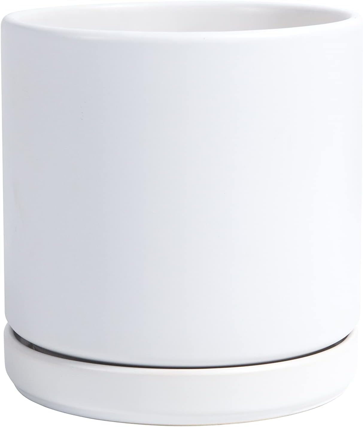 D'vine Dev 6 Inch Ceramic Planter Pot with Drainage Hole and Saucer, Indoor Cylinder Round Flower Pot, White, 94-O-C-1