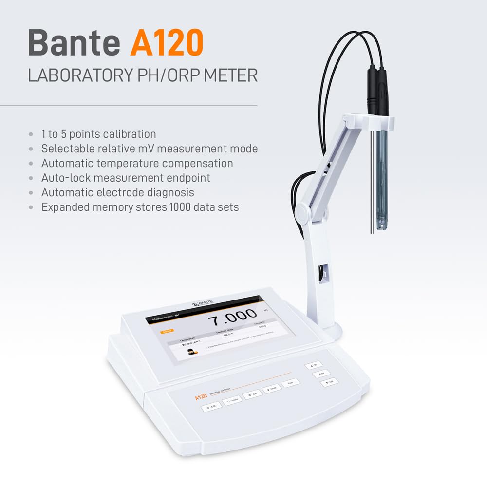Bante A120 Laboratory pH Meter | Benchtop pH Meter | ±0.002 pH Accuracy, 5 Points Calibration, Selectable ORP Measurement Mode, Auto-Read Endpoint, 1000 Sets of Data Storage
