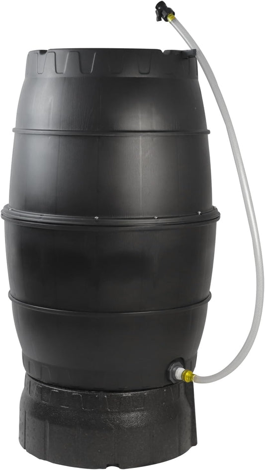 SQUEEZE master 50 Gallon Rainwater Collection Barrel with Stand-BPA Free Home Rain Catcher with Outlet Hose-Flatback Designed Water Storage Collection Barrel for Gardens and Plants