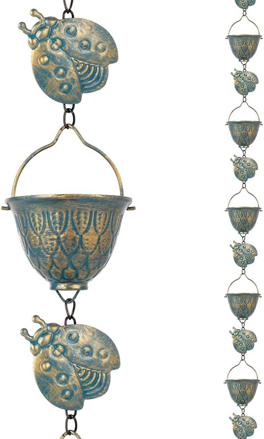 9.2 FT Rain Chain, Metal Rain Gutter Chains with 12 Cups & Detachable Ladybugs Decor, Adjustable Rain Catcher Chain with Bell for Outddor Decor, Replacement for Downspout