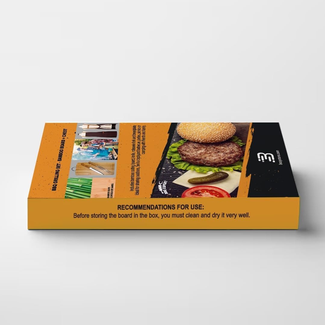 Premium BBQ Accessories & Grill Set with Bamboo Cutting Board, Adjustable Apron, Stainless Steel Knife & Fork.