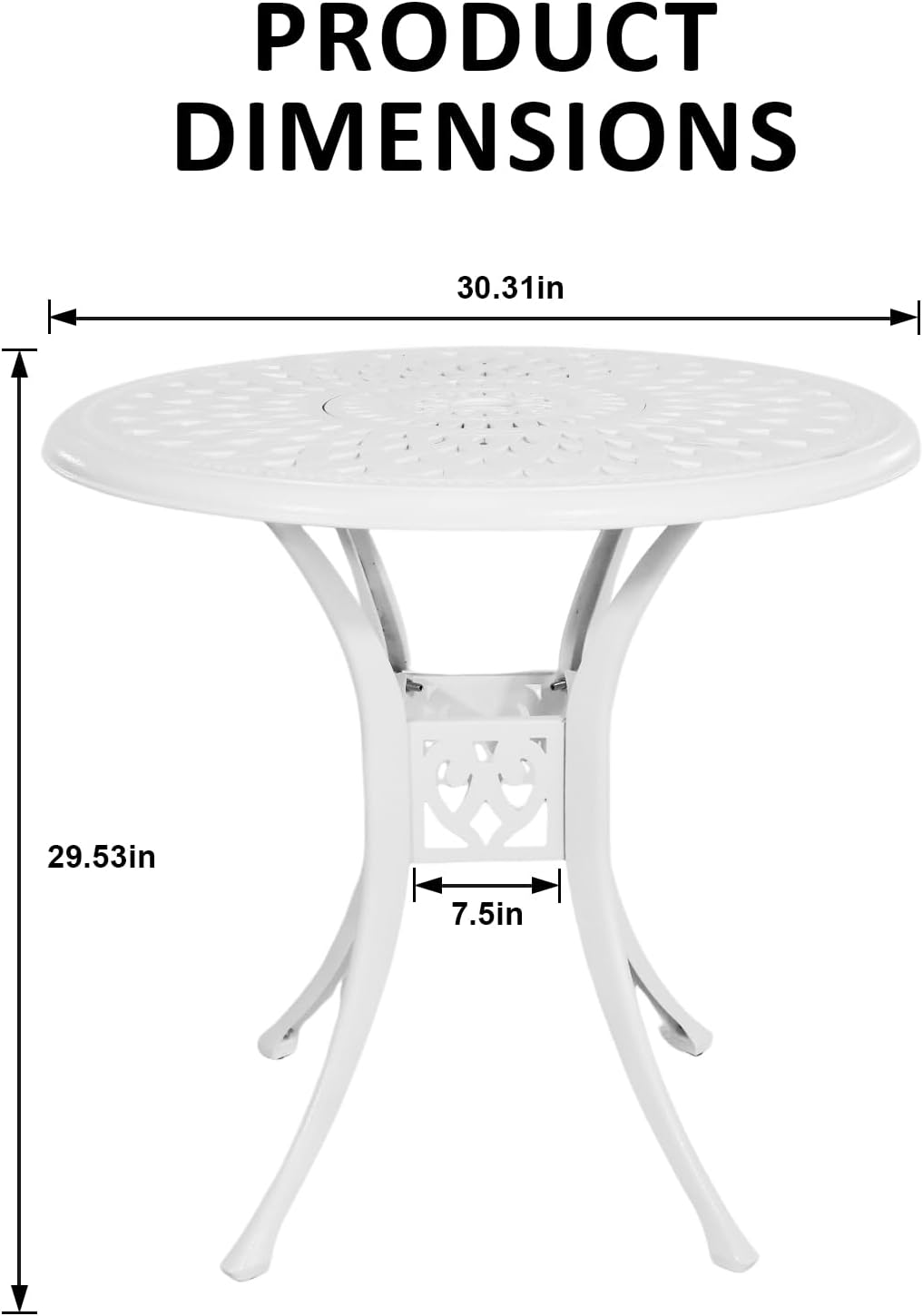 30 inches Patio Table with Umbrella Hole, Round Cast Aluminum Bistro Table for Porch Backyard, White