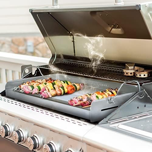 LITTLE GRIDDLE 100% Stainless Steel Griddle with Even Heat Cross Bracing and Removable Handles - For Grills, Camping, Tailgating, Silver, 25" x 16" x 6.5"