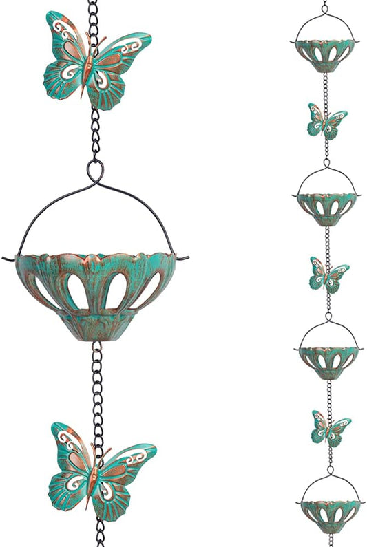 12FT Rain Chains for Outside, Metal Rain Chain with Butterfly Decor, Adjustable Rain Catcher Chain with Bell for Eaves Drainage, Replacement for Downspout (12 Cups)