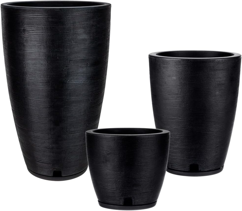 Floridis Plastic Plant Pot, Black, Set of 3 (11+17+25 inch) with Drainage Hole and Saucer. Outdoor and Indoor Set of Black planters for patios, Front Porch.