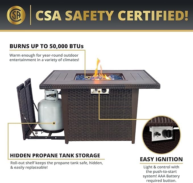 42 Inch Outdoor Propane Fire Pit, 50,000 BTU Gas Fire Pit Table with Lid, Wind Guard, Cover, and Glass Stones, Brown Squre Rattan Gas Firepit Table for Patio, Terrace, Garden, CSA Certification