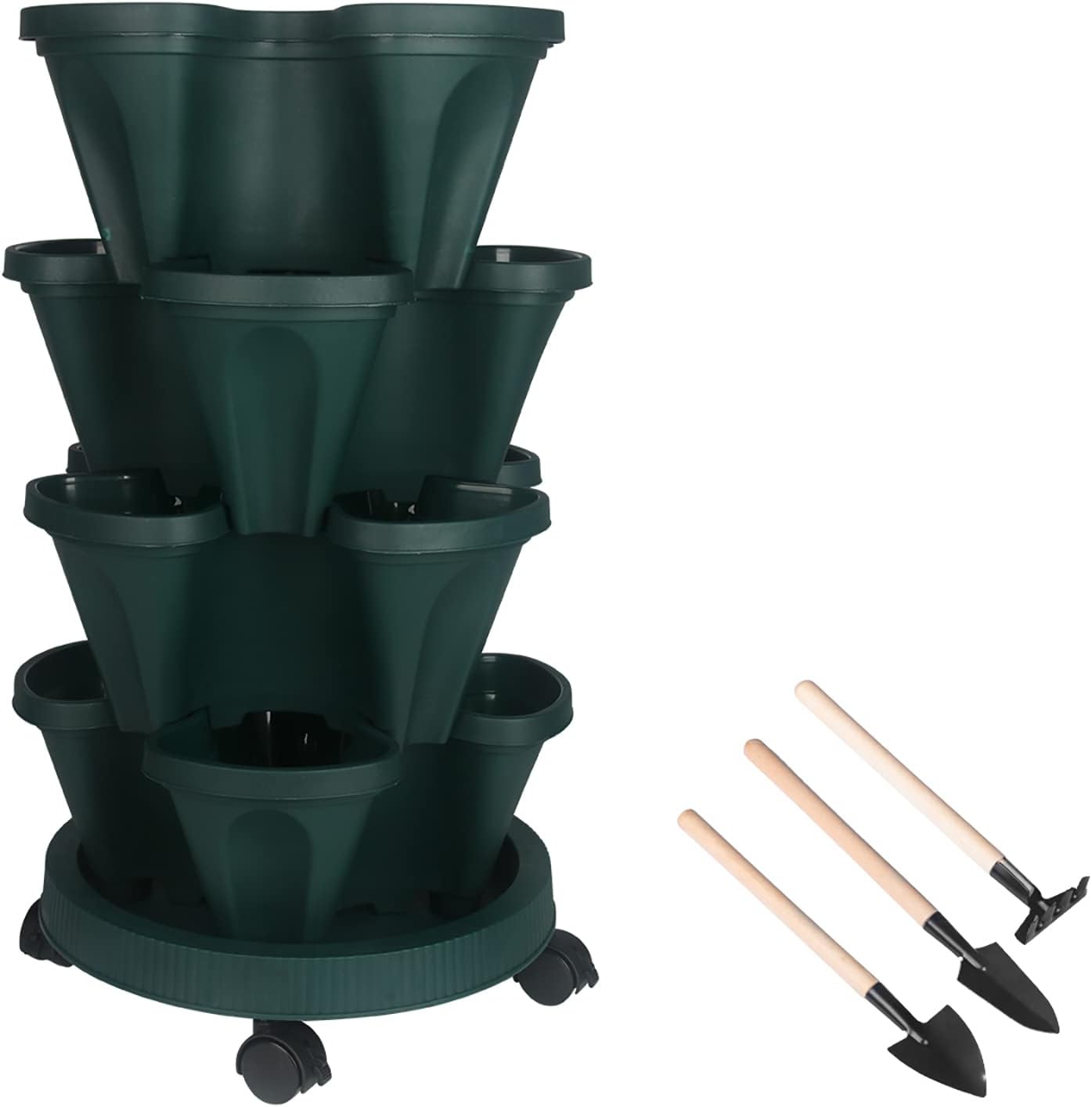 DUNCHATY Stackable Planter, Vertical Garden Planter with Wheels and Tools, Self Watering Strawberry Planter Indoor/Outdoor 4 Tier Herb Planter Pots for Growing Vegetables and Succulents,Pine Green