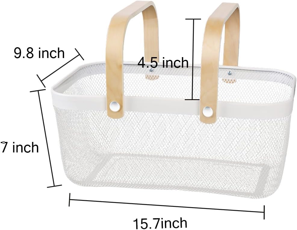 Portable Mesh Harvest Basket - Natural Bamboo Handle Foldable Organizer for Kitchen, Garden & Picnic | Ventilated Storage Bin with Rust-Proof Wire, Space-Saving Farmhouse Decor (White)