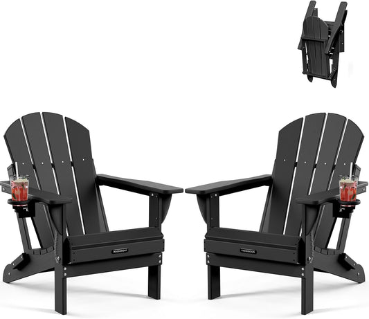 MUCHENGHY Folding Adirondack Chairs 2 Pack, Patio & Outdoor Chairs, Plastic Weather Resistant with Cup Holder for Deck, Backyard, Garden (Black)