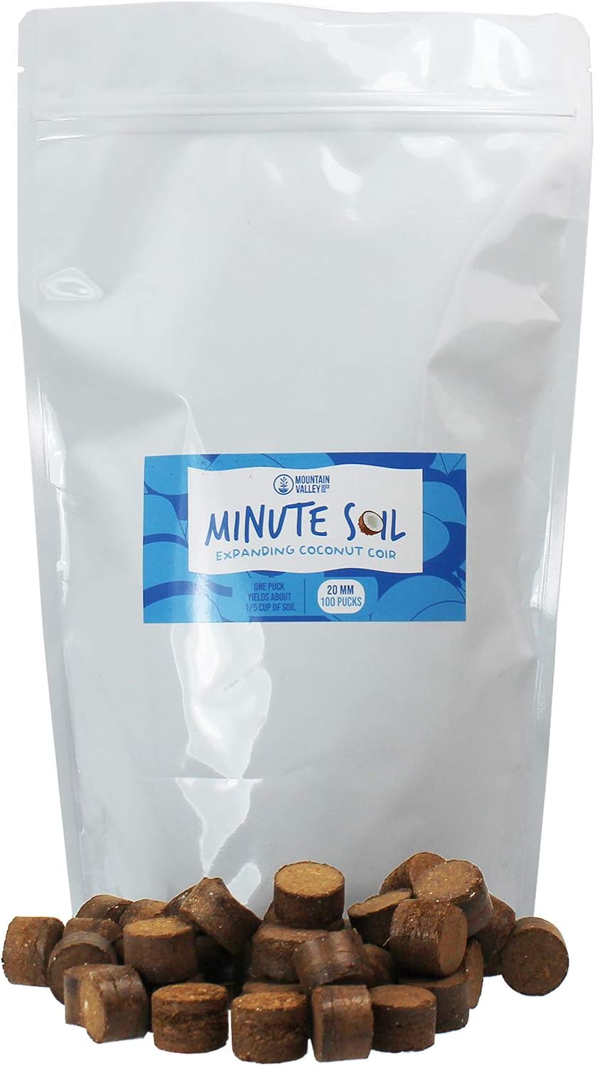 Minute Soil - Compressed Coco Coir Fiber Grow Medium - 20 MM Pellets - Bag of 100 = 5 Quarts of Potting Soil - Indoor Growing: House Plants, Herbs, Microgreens, Just Add Water - Peat Free - OMRI