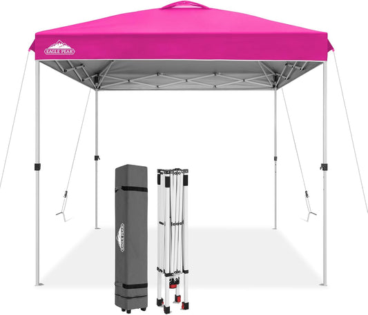EAGLE PEAK Pop Up Canopy Tent with Wheeled Carry Bag, 8 Stakes, 4 Ropes, Easy Set Up Tent Canopy, 8x8 ft, Pink
