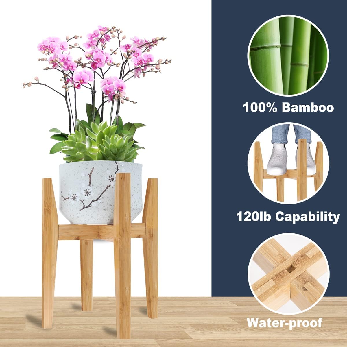 OERGKE 2 PACK Adjustable Plant Stand Indoor, Bamboo Mid Century Modern Plants Stands, Corner Flower Holder for Living Room, Fits 8 to 12 Inches Pots, (Pot & Plant Not Included)(Nature)
